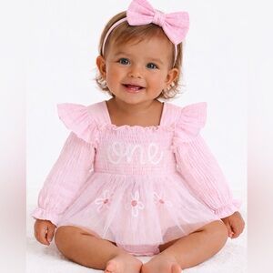 Pink "One" Tulle Baby Dress Romper